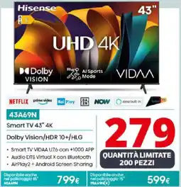 Comet Hisense Smart TV 43" 4K Dolby Vision/HDR 10+/HLG offerta