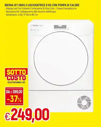 Iberna IEY H8A1L-S Asciugatrice 8 kg con Pompa di Calore