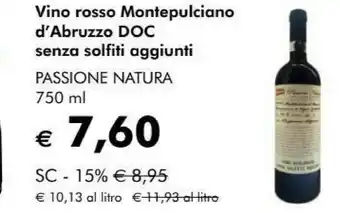 Passione natura vino rosso montepulciano abruzzo doc senza solfiti aggiunti 750 ml