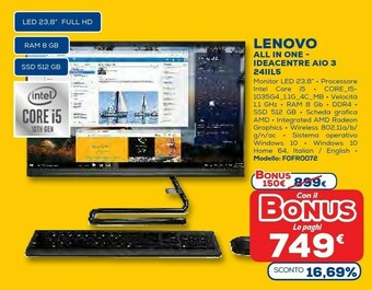 Euronics Ideacentre aio 3 24iil5 60,5 cm (23.8") 1920 x 1080 pixel intel® core™ i3 di decima generazione 8 gb ddr4-sdram 512 gb ssd pc offerta