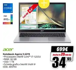 MediaWorld acer Notebook Aspire 3 A315 offerta