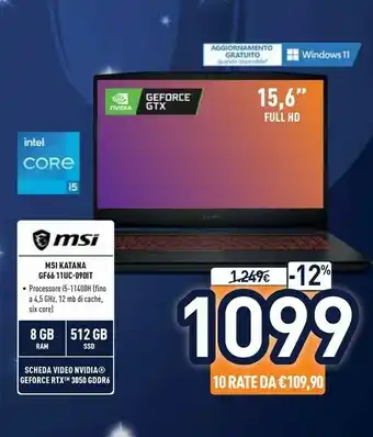 Unieuro Katana gf66 11uc-090it computer portatile 39,6 cm (15.6") full hd intel® core™ i5 di undicesima generazione 8 gb ddr4-sdram 5 offerta