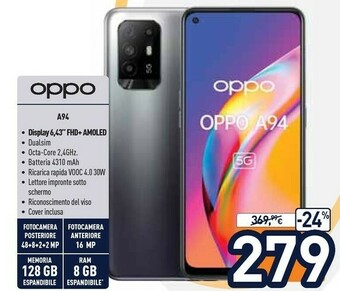 Unieuro A94 5g a94 smartphone 5g, 173g, display 6.43" fhd+ amoled, 4 fotocamere 48mp, ram 8gb espandibile fino a 13gb+rom 128gb, batt offerta
