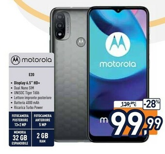 Unieuro Moto e20 16,5 cm (6.5") doppia sim android 11 4g usb tipo-c 2 gb 32 gb 4000 mah grigio offerta