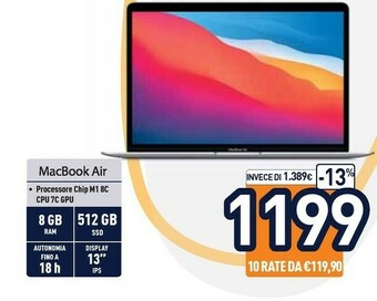 Macbook air 13" (chip m1 con gpu 8-core, 512gb ssd, 8gb ram) - oro (2020)