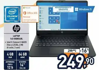 Unieuro 14s-dq0034nl computer portatile 35,6 cm (14") hd intel® celeron® 4 gb ddr4-sdram 64 gb emmc wi-fi 5 (802.11ac) windows 10 hom offerta