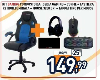 Unieuro Kit gaming composto da: sedia gaming + cuffie + tastiera retroilluminata + mouse 3200 dpi + tappettino per mouse offerta