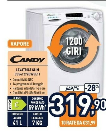 Unieuro Smart css41272dwse-11 lavatrice caricamento frontale 7 kg 1200 giri/min c bianco offerta