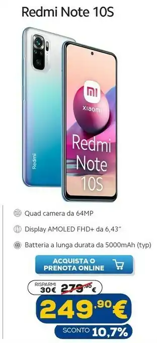 Euronics Xiaomi redmi note 10s 16,3 cm (6.43") doppia sim miui 12.5 4g usb tipo-c 6 gb 64 gb 5000 mah blu offerta