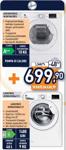 Unieuro HOOVER ASCIUGATRICE HLEH10A2DES + LAVATRICE H3WS492DA4111 offerta