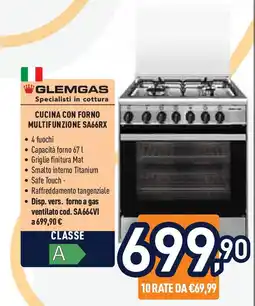 Unieuro GLEMGAS CUCINA CON FORNO MULTIFUNZIONE SA66RX offerta