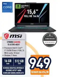 Unieuro msi CYBORG GAMING 15 A13VE-602IT offerta