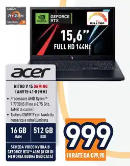 Unieuro acer NITRO V 15 GAMING (ANV15-41-R9MM) offerta
