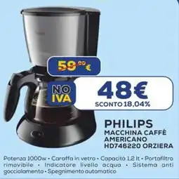 Euronics PHILIPS MACCHINA CAFFÈ AMERICANO HD746220 ORZIERA offerta