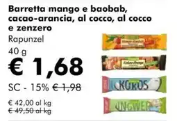 NaturaSì Barretta mango e baobab, cacao-arancia, al cocco, al cocco e zenzero Rapunzel offerta