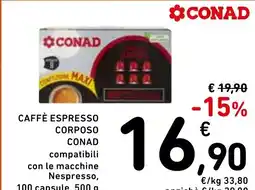 Spazio Conad Caffè espresso corposo conad compatibili con le macchine nespresso, 100 capsule, offerta