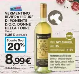 Coop VERMENTINO RIVIERA LIGURE DI PONENTE D.O.C. DONNE DELLA TORRE offerta