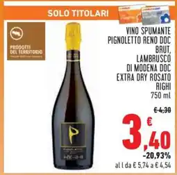Conad Vino Spumante Pignoletto Reno DOC Brut, Lambrusco di Modena DOC Extra Dry Rosato Righi offerta