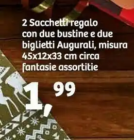 2 sacchetttregalo con due bustine e due biglietti augurali, 45x12x33 cm circa