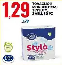 Eurospin Tovaglioli morbidi come tessuto, 2 veli, 60 pz Soft Dream offerta