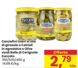 Eurospar Carciofini interi in olio di girasole o Cetrioli in agrodolce o Olive verdi Belle di Cerignola Zuccato offerta