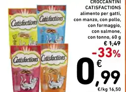 Spazio Conad Croccantini catisfactions alimento per gatti, con manzo, con pollo, con formaggio, con salmone, con tonno, offerta
