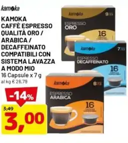 DPiù Kamoka caffè espresso qualità oro / arabica/ decaffeinato compatibili con 7 a modo mio offerta
