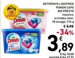 Spazio Conad Detersivo lavatrice power caps bio presto classico, orchidea color, 18 lavaggi, offerta