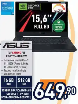 Unieuro Asus TUF gaming F15 FX507ZC4-HN057W offerta