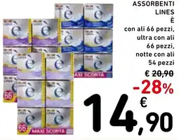 Assorbenti lines é con ali 66 pezzi, ultra con ali 66 pezzi, notte con ali 54 pezzi
