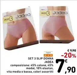 Spazio Conad Taglie set 3 slip donna jadea composizione: 45% cotone, 45% modal, 10% elastan, vita media o bassa, colori assortiti offerta