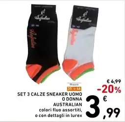 Spazio Conad Misure 3546 set 3 calze sneaker uomo o donna australian colori fluo assortiti, o con dettagli in lurex offerta