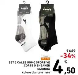 Spazio Conad Misure set 3 calze uomo sportive corte o sneaker diadora colore bianco o nero offerta