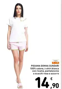 Spazio Conad Pigiama donna sundari 100% cotone, t-shirt bianca con ricamo, pantaloncino a scacchi rosa o azzurro offerta