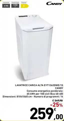 Spazio Conad Lavatrice carica alta eyt1262dwe/1s candy Consumo energetico ponderato: 65 kWh per 100 cicli (Eco 40-60) offerta