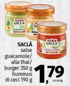 Pam SACLÀ salse guacamole/ alla thai/ burger hummus di ceci offerta