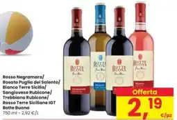 Interspar Rosso Negramaro/ Rosato Puglia del Salento/ Bianco Terre Sicilia/ Sangiovese Rubicone/ Trebbiano Rubicone Botte Buona offerta