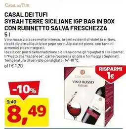 DPiù Casal dei tufi syrah terre siciliane igp bag in box con rubinetto salva freschezza offerta