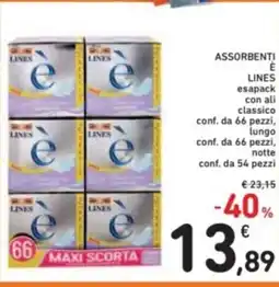 Assorbenti e lines esapack con ali classico conf. da 66 pezzi, lungo conf. da 66 pezzi, notte conf. da 54 pezzi