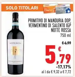 Conad Primitivo di Manduria DOP, Vermentino di Salento IGP Notte Rossa offerta