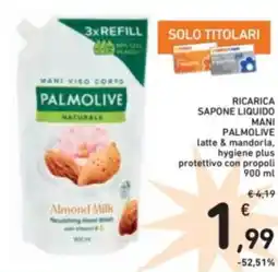 Spazio Conad Ricarica sapone liquido mani palmolive latte & mandorla, hygiene plus protettivo con propoli offerta