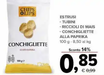 Todis Chips & Lips Estrusi, Tubini, Riccioli Di Mais, Conchigliette Alla Paprika 100g offerta