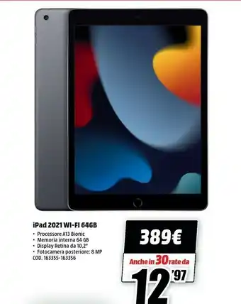 MediaWorld Ipad 2021 wi-fi 64gb offerta