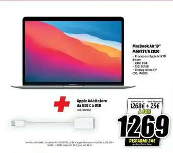 MediaWorld Apple macbook air 13" (chip m1 con gpu 8-core, 512gb ssd, 8gb ram) - oro (2020) offerta