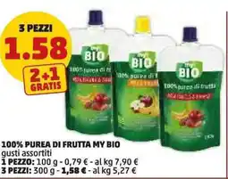 PENNY 100% purea di frutta my bio gusti assortiti 3 pezzi offerta