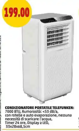 PENNY Condizionatore portatile telefunken: 7000 btu, rumorosità: <53 db/a, con rotelle e auto evaporazione, offerta
