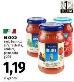 Famila DE CECCO sugo basilico, all'arrabbiata, verdure, pomodoro offerta