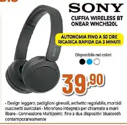 Ipercoop SONY CUFFIA WIRELESS BT ONEAR WHCH520L offerta
