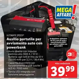 Lidl ULTIMATE SPEED Ausilio portatile per avviamento auto con powerbank offerta