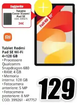 MediaWorld Tablet Redmi Pad SE Wi-Fi 4+128 GB offerta